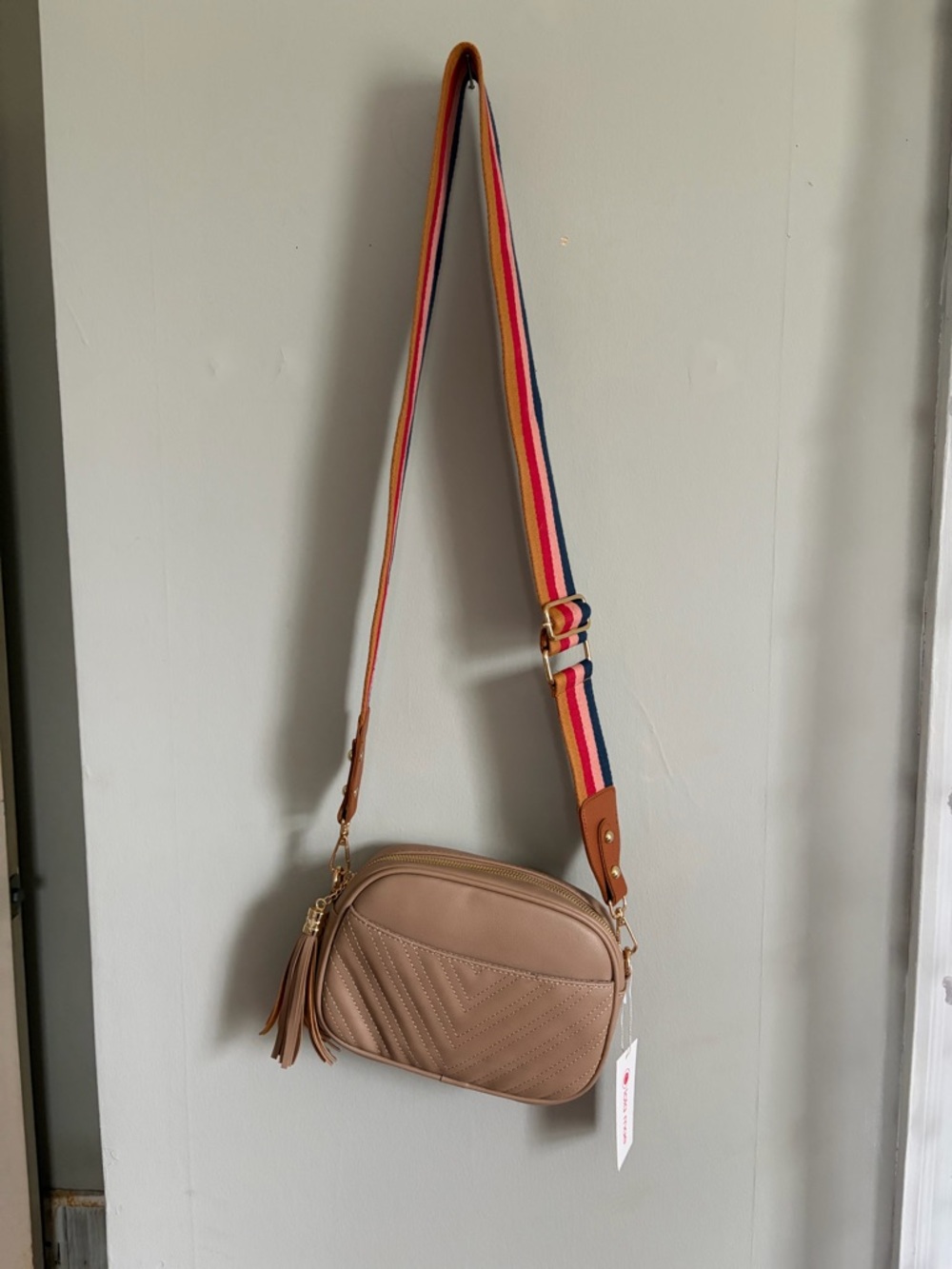 Tan Crossbody Camera Bag with Colorful Adjustable Strap